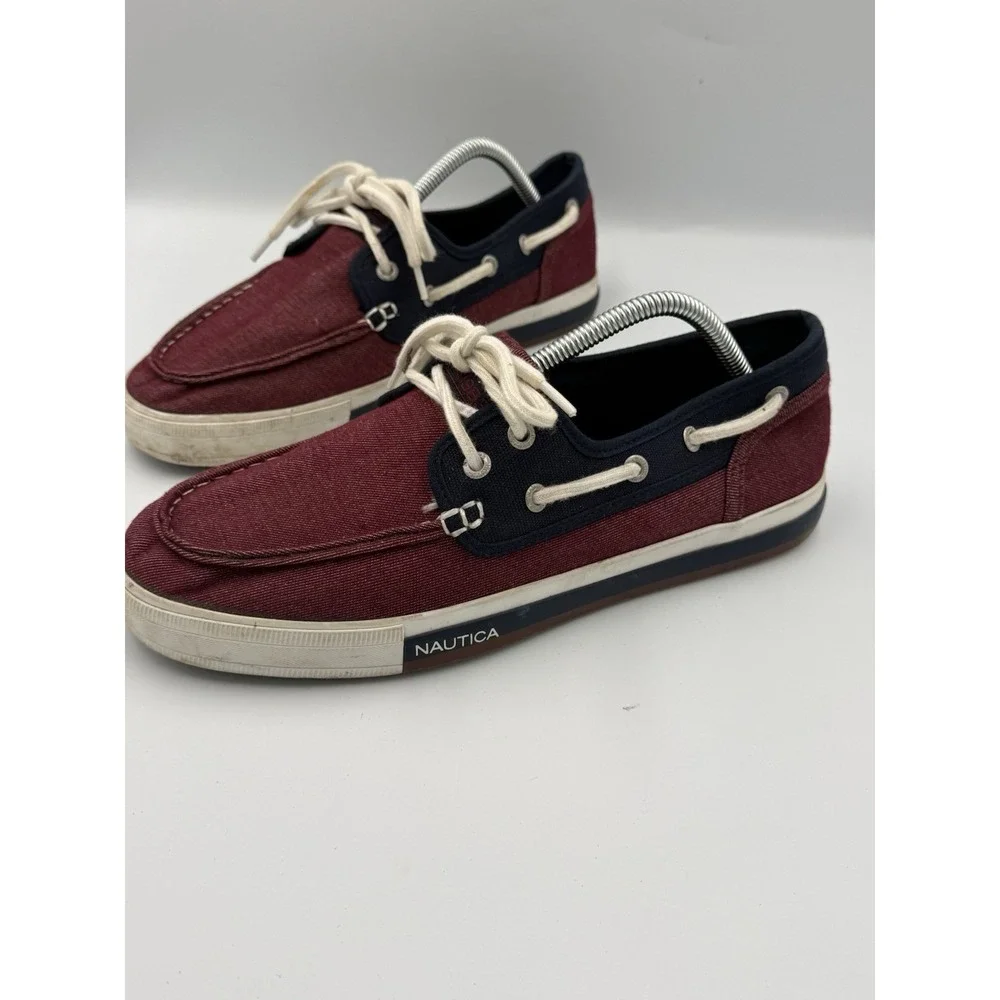 Nautica Spinnaker Casual 2-Eye Boat Sneakers Shoes Mens 9.5 Maroon Blue Lace Up